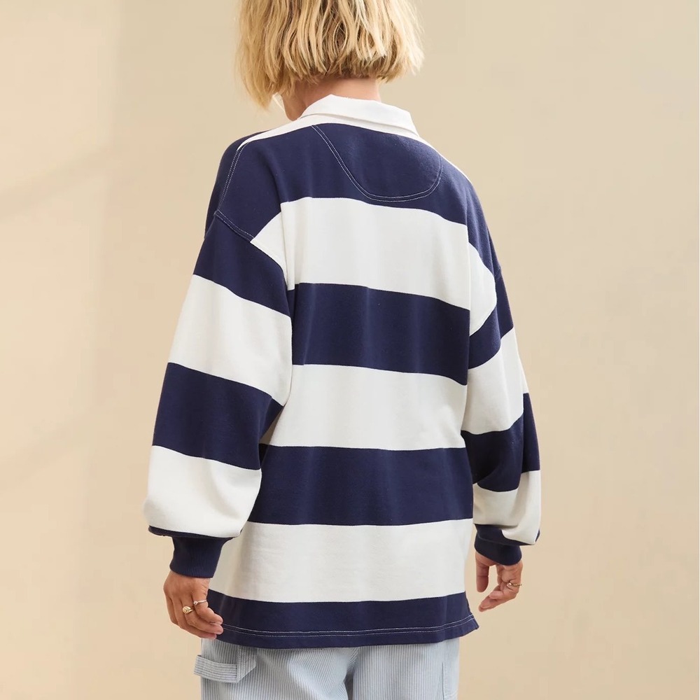 Aerie Striped Rugby Sweatshirt Womens S Navy Nautical  Oversized Prep Rally - Picture 2 of 16